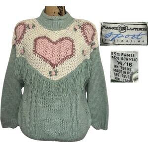 80s Maggie Lawrence Heart Fringe Mock Neck Sweater Green Pink Size 14/16 Vintage